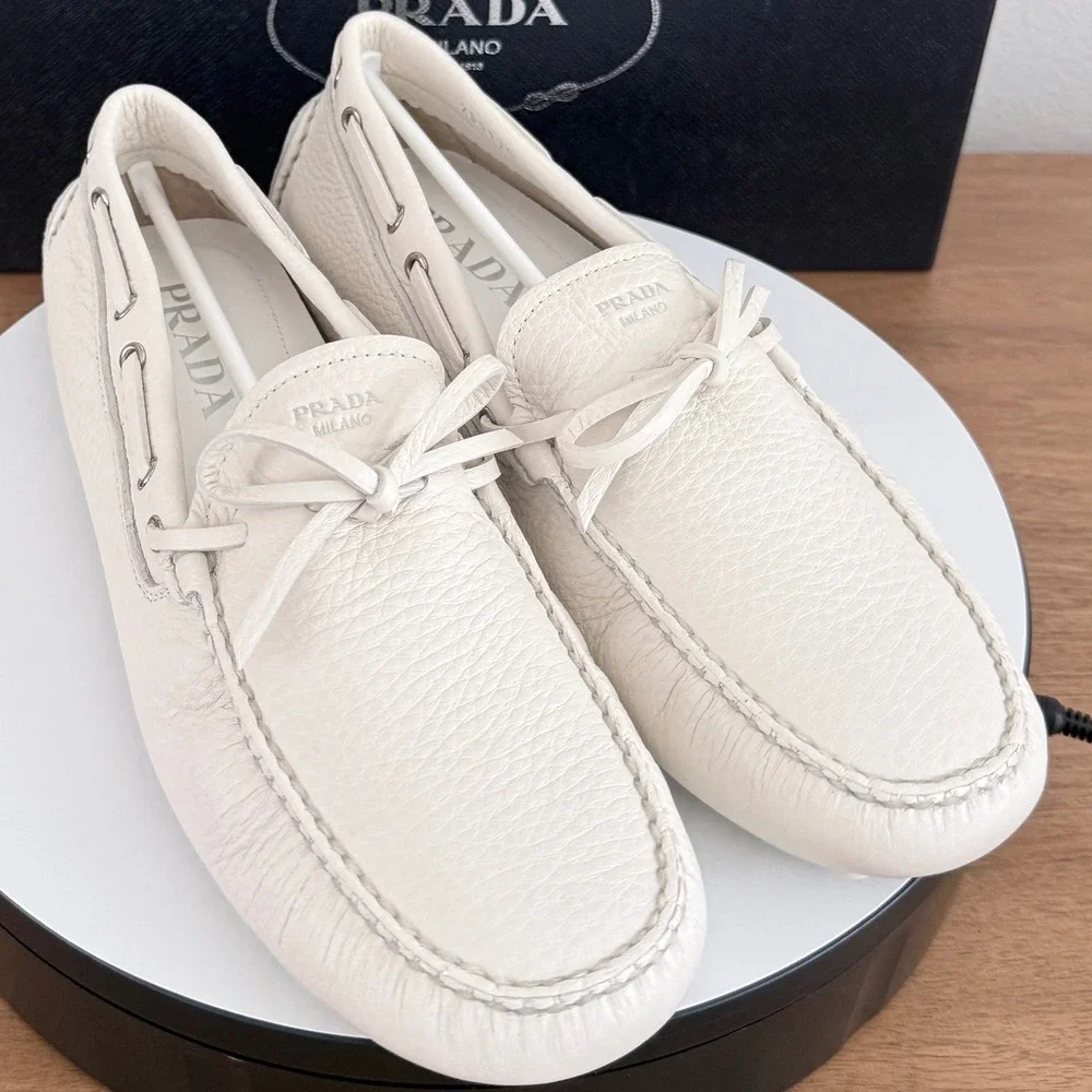 Prada Mens Bianco White Pebbled Leather Driving Loafers 2DD190 US Size 9